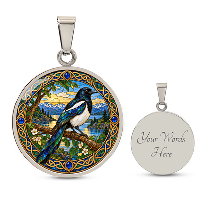 Personalized magpie necklace showing optional back engraving