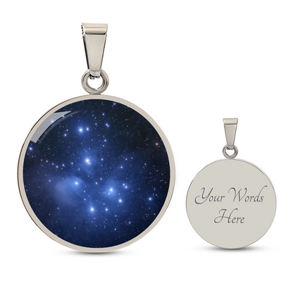 Pleiades star cluster necklace featuring Seven Sisters astronomy artwork on a circular pendant engraved