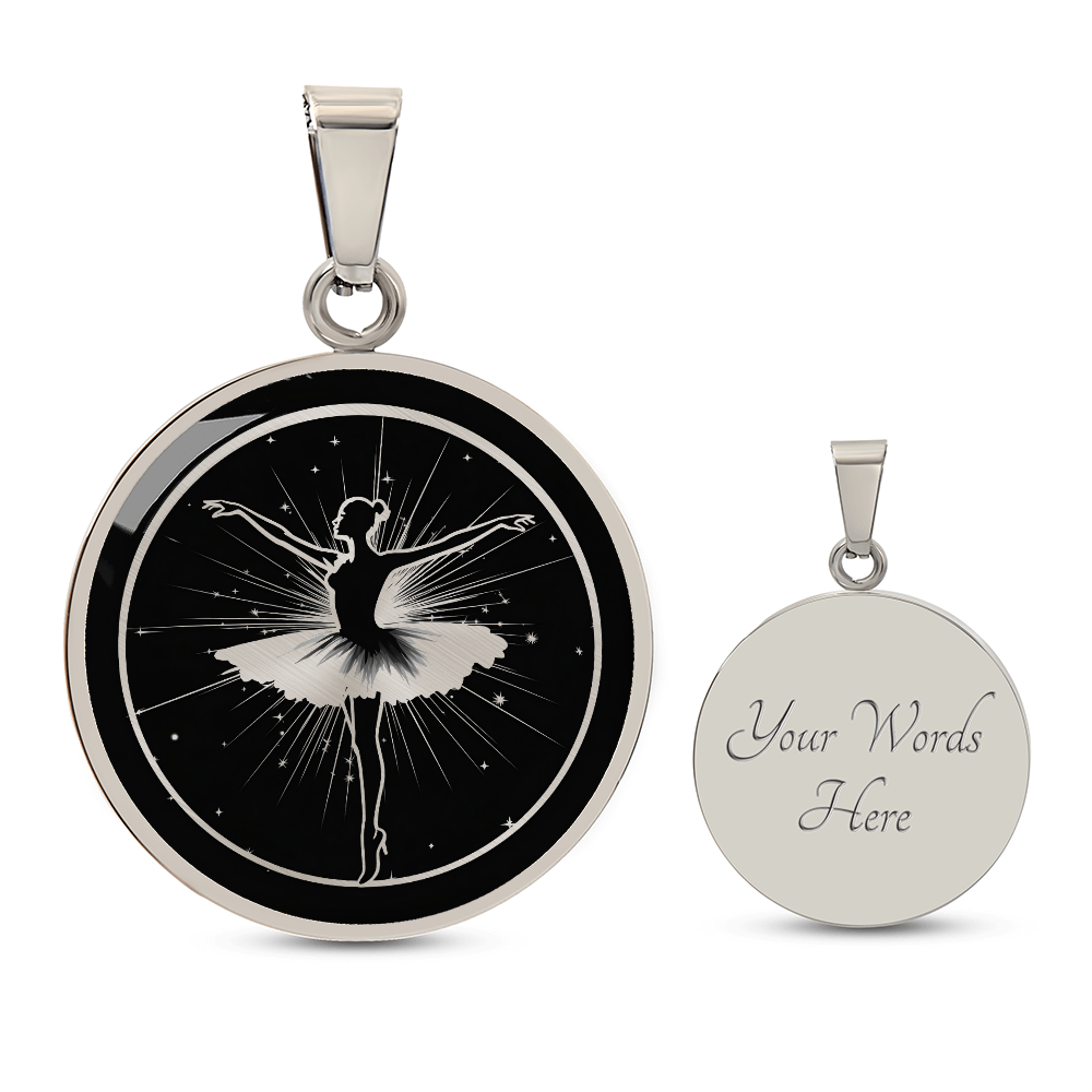 Ballerina necklace featuring graceful ballet dancer artwork on a circular pendant, a thoughtful jewelry gift for dancers.