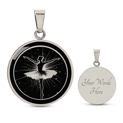 Ballerina necklace featuring graceful ballet dancer artwork on a circular pendant, a thoughtful jewelry gift for dancers.