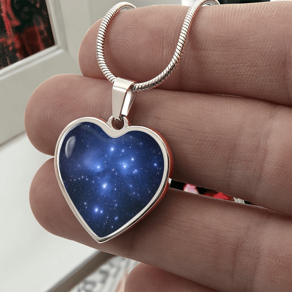 Pleiades Star Cluster Necklace featuring Seven Sisters astronomy-inspired artwork on a heart-shaped pendant.