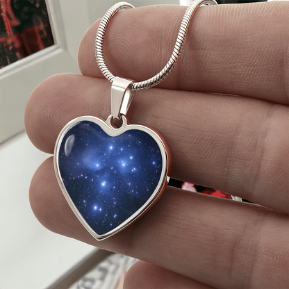 Pleiades Star Cluster Necklace featuring Seven Sisters astronomy-inspired artwork on a heart-shaped pendant.