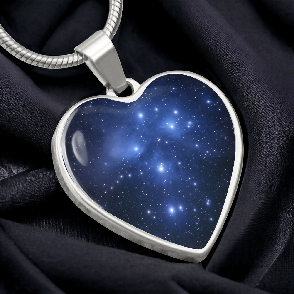 Silver Pleiades Star Cluster Necklace featuring Seven Sisters astronomy-inspired artwork on a heart-shaped pendant.
