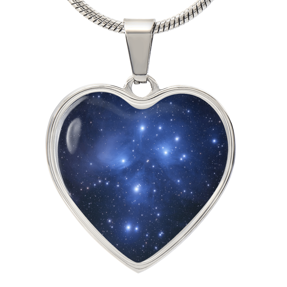 Pleiades Star Cluster Necklace featuring Seven Sisters astronomy-inspired artwork on a heart-shaped pendant.
