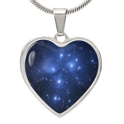 Pleiades Star Cluster Necklace featuring Seven Sisters astronomy-inspired artwork on a heart-shaped pendant.