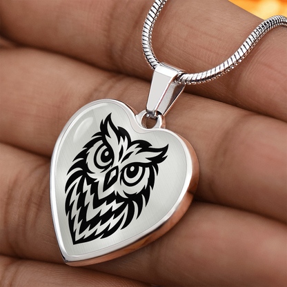 Heart shaped owl necklace with owl bird artwork