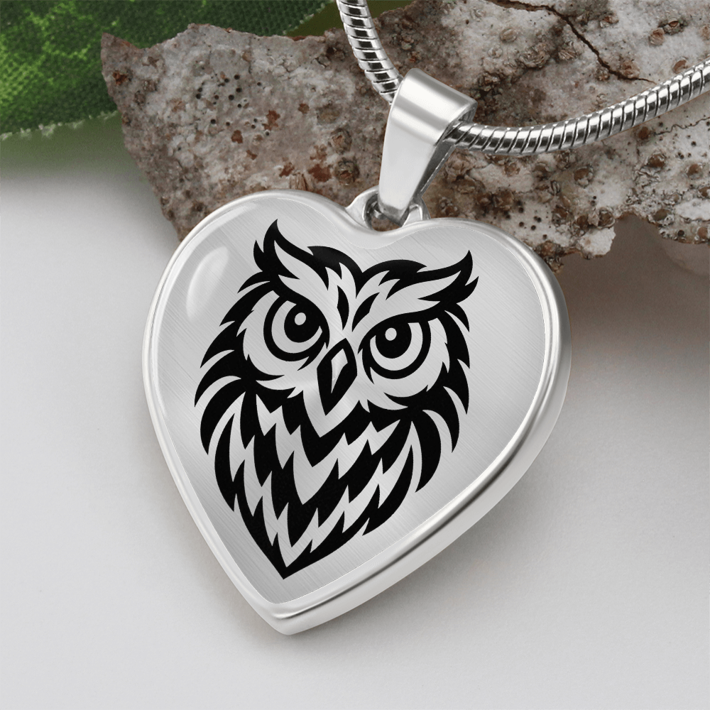 Close-up of personalized owl heart pendant necklace