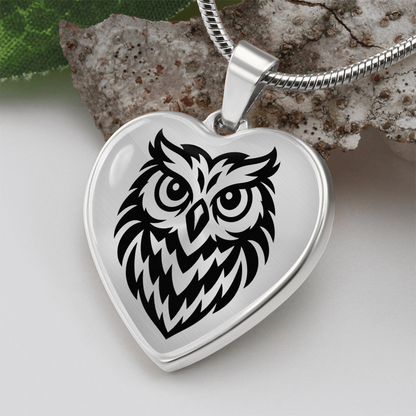 Close-up of personalized owl heart pendant necklace