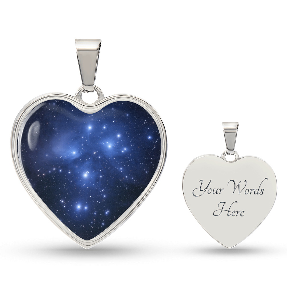 Pleiades Star Cluster Necklace featuring Seven Sisters astronomy-inspired artwork on a heart-shaped pendant with engraving