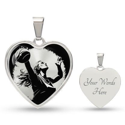 Volleyball necklace featuring volleyball-themed artwork on a heart-shaped pendant, a thoughtful gift for players with engraving