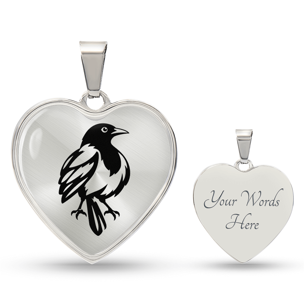 Personalized magpie heart necklace showing optional back engraving
