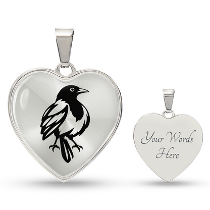 Personalized magpie heart necklace showing optional back engraving