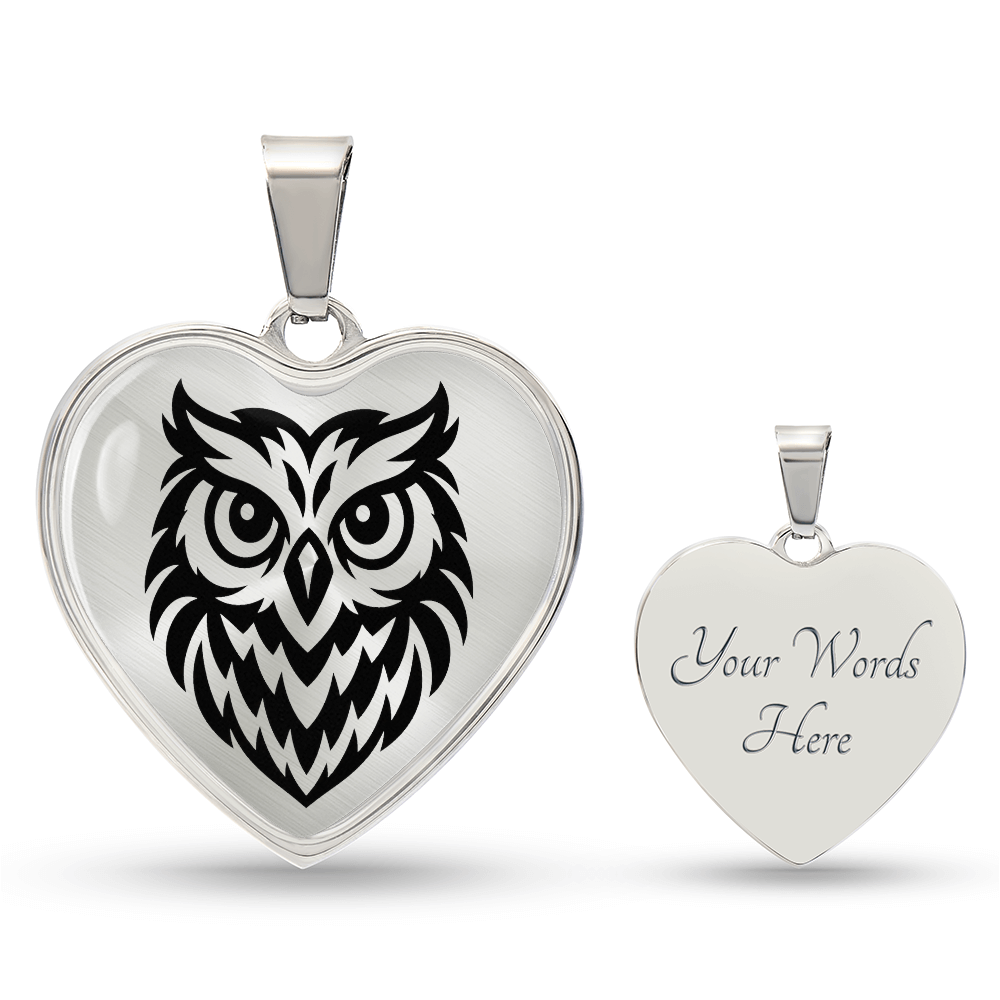 Owl heart necklace showing optional back engraving
