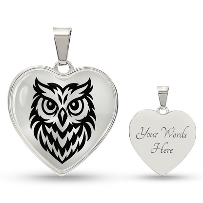 Owl heart necklace showing optional back engraving