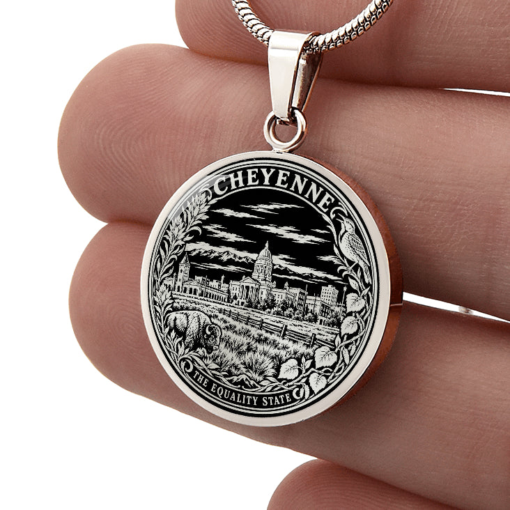 Silver Cheyenne Wyoming necklace featuring the State Capitol, bison, wildflowers and The Equality State lettering