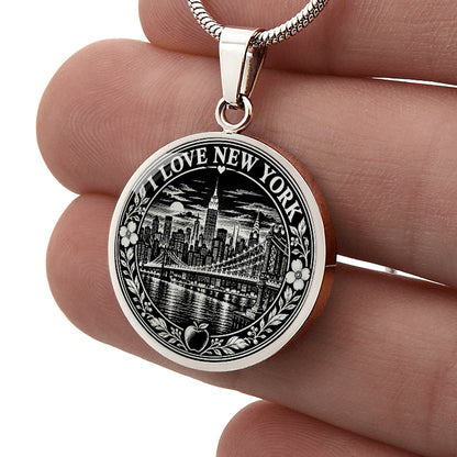 Silver New York City necklace with black and white linocut Manhattan skyline, Brooklyn Bridge, flowers and I Love New York lettering