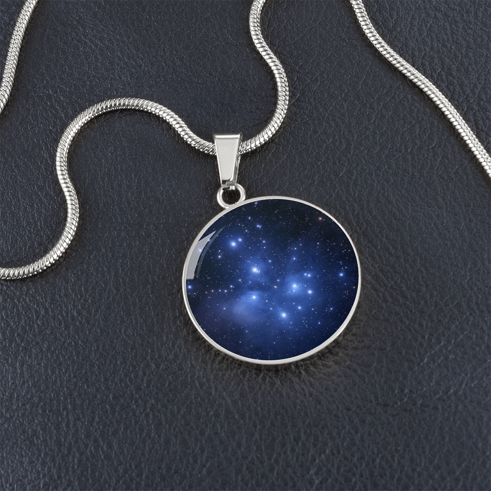 Pleiades star cluster necklace featuring Seven Sisters astronomy artwork on a circular pendant.