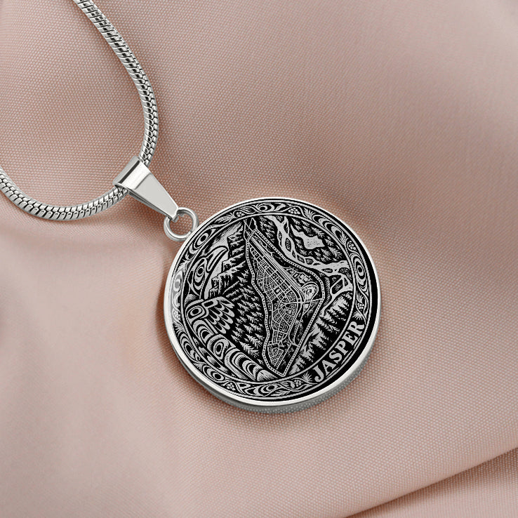 Silver Jasper Alberta necklace featuring stylized Jasper townsite map, Canadian Rocky Mountain peaks, pine forests and ornate circular border