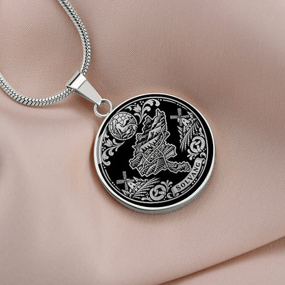 Silver Solvang California necklace with Danish windmills, traditional village buildings, ornamental flowers and SOLVANG inscription