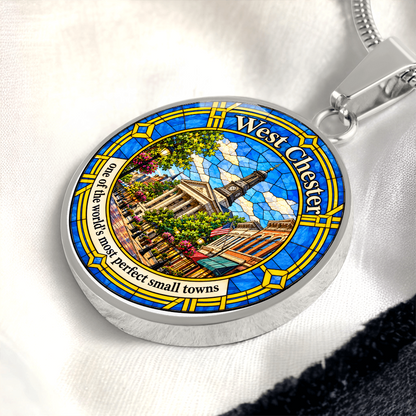 Silver West Chester Pennsylvania necklace with blue and gold stained-glass artwork, Chester County Courthouse clock tower and historic downtown buildings