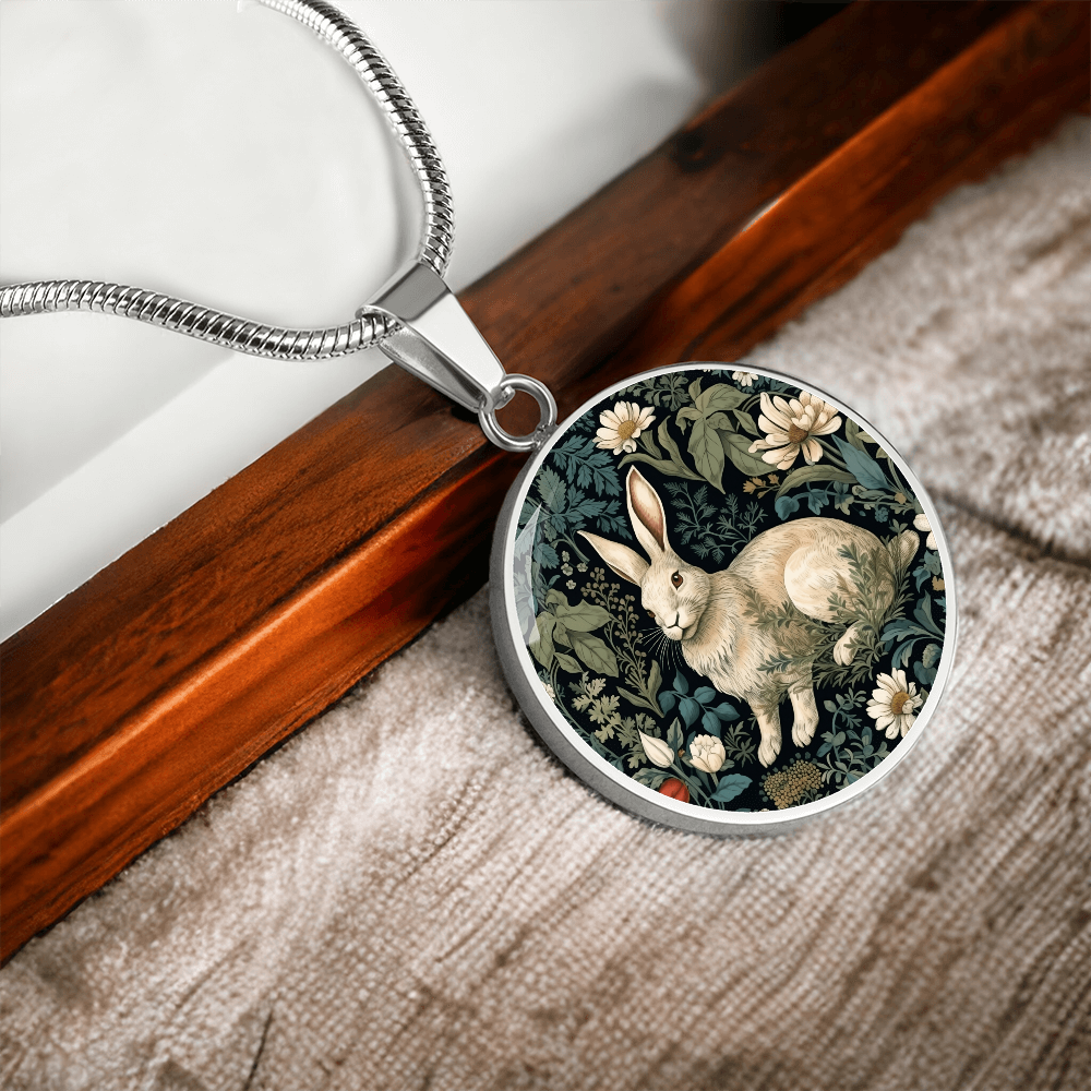 Silver Botanical rabbit necklace featuring a cream-colored bunny surrounded by ivory daisies and sage-green foliage on a dark round pendant.