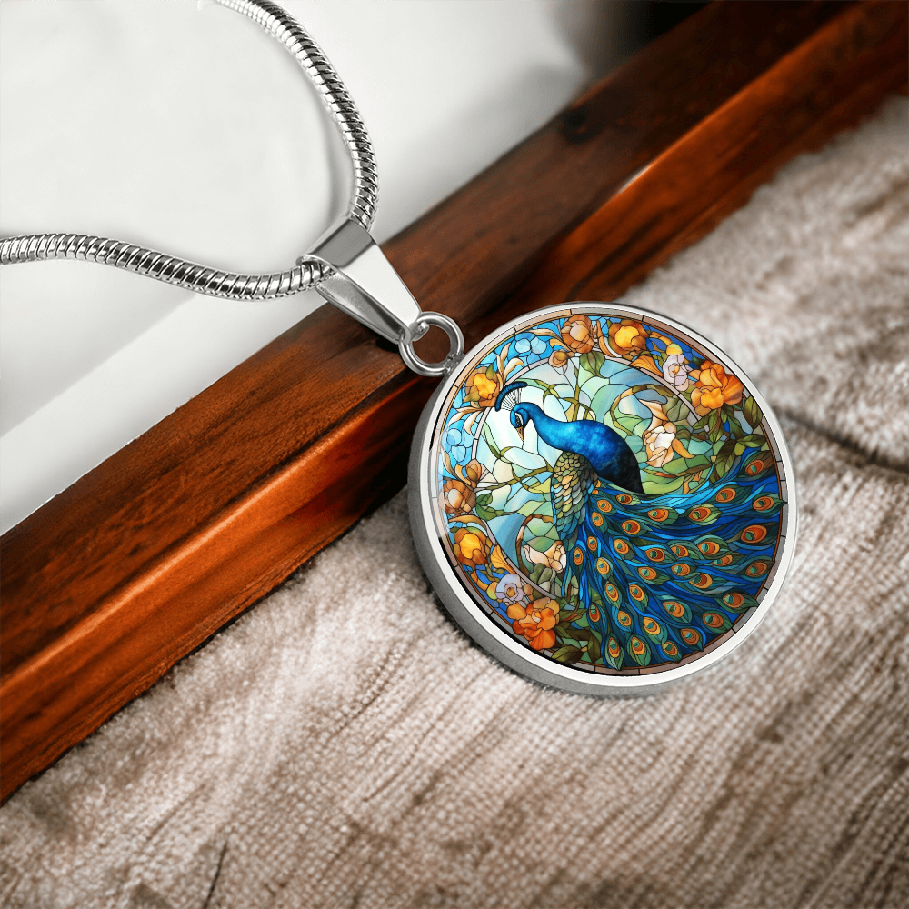 Stained Glass Peacock Necklace – Colorful Bird Art Pendant