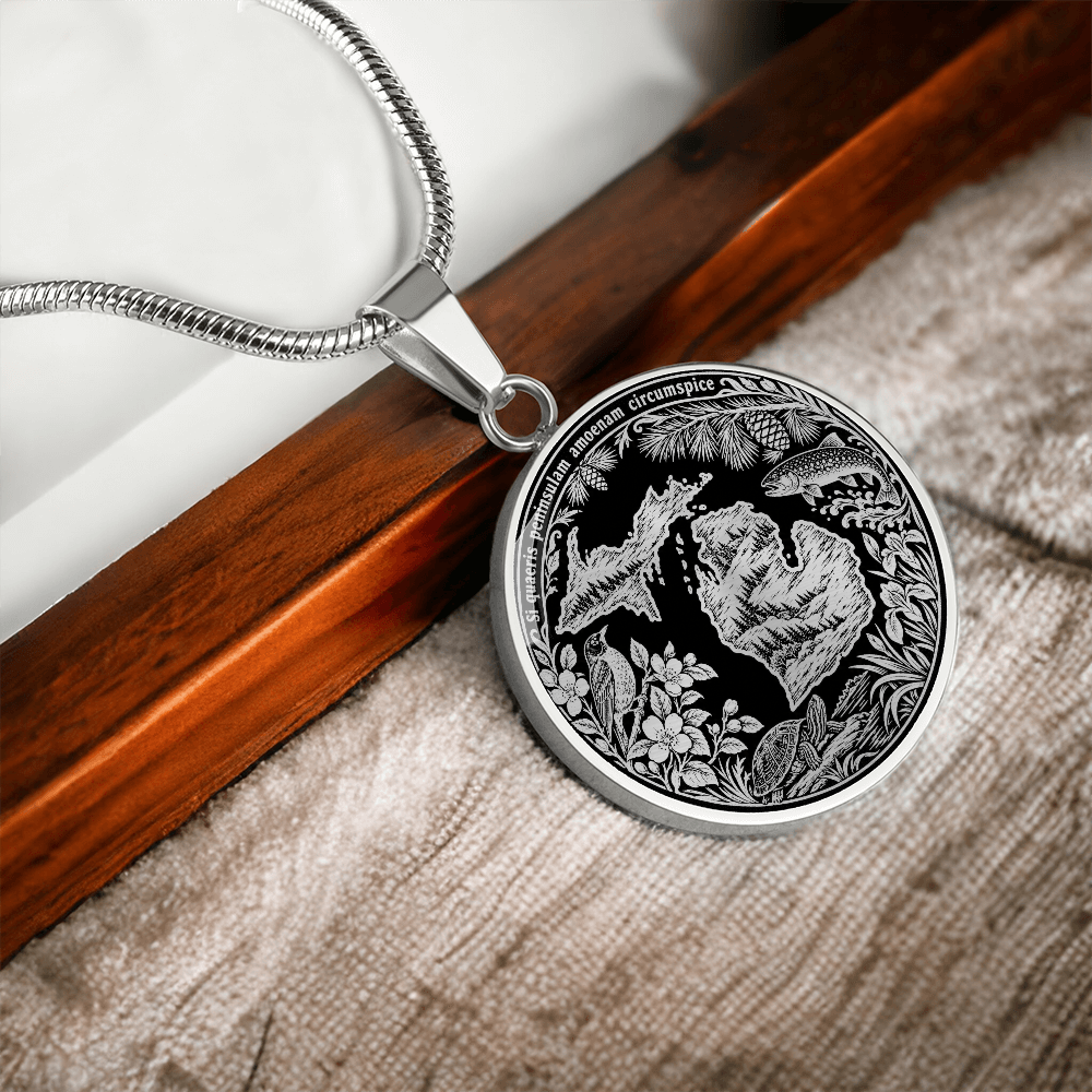 Silver Michigan State necklace with Upper and Lower Peninsula outlines, woodland bird, trout, turtle, wildflowers and pine branches