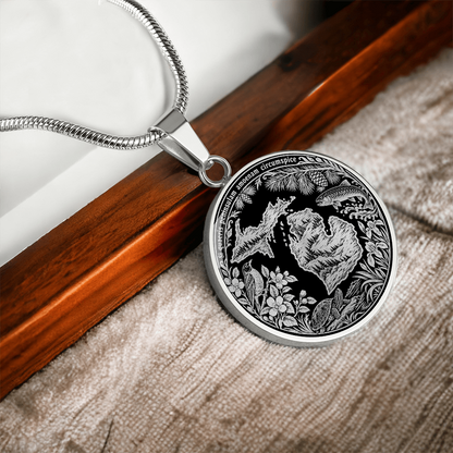 Silver Michigan State necklace with Upper and Lower Peninsula outlines, woodland bird, trout, turtle, wildflowers and pine branches
