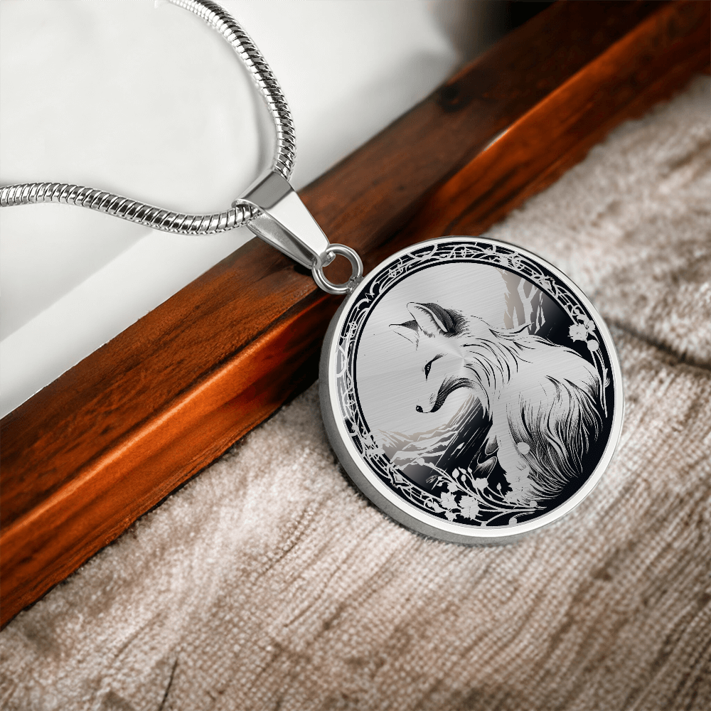 Monochrome Fox Necklace – Mountain & Floral Pendant