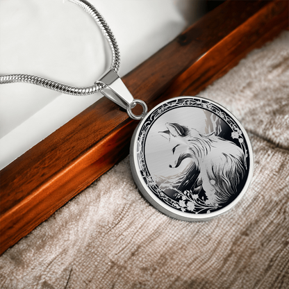 Monochrome Fox Necklace – Mountain & Floral Pendant