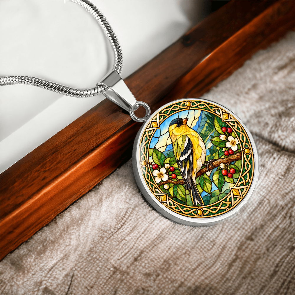 Detailed finch bird illustration on circular necklace pendant