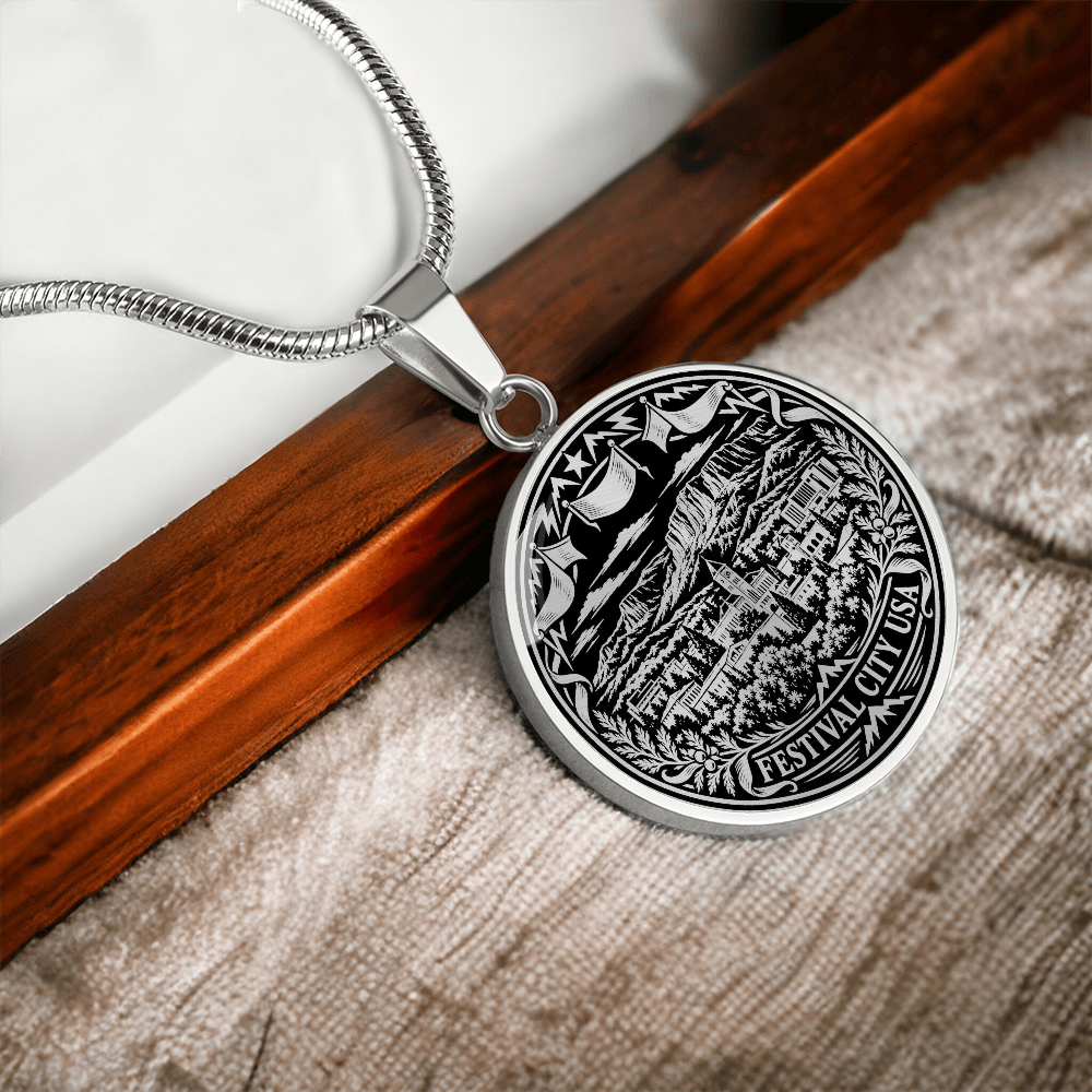 Silver Cedar City Utah necklace with mountain townscape, three waving festival pennants, stars and Festival City USA inscription