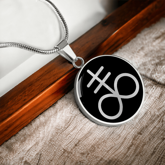 Brimstone necklace featuring the Leviathan Cross symbol on a circular pendant, gothic and alchemy-inspired jewelry.