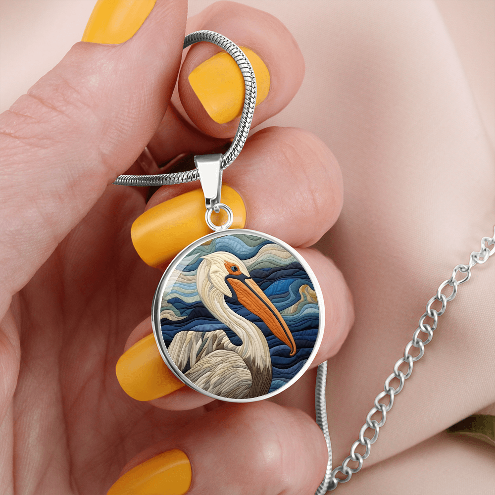 Pelican Quilt Art Necklace – Coastal Bird Pendant Jewelry
