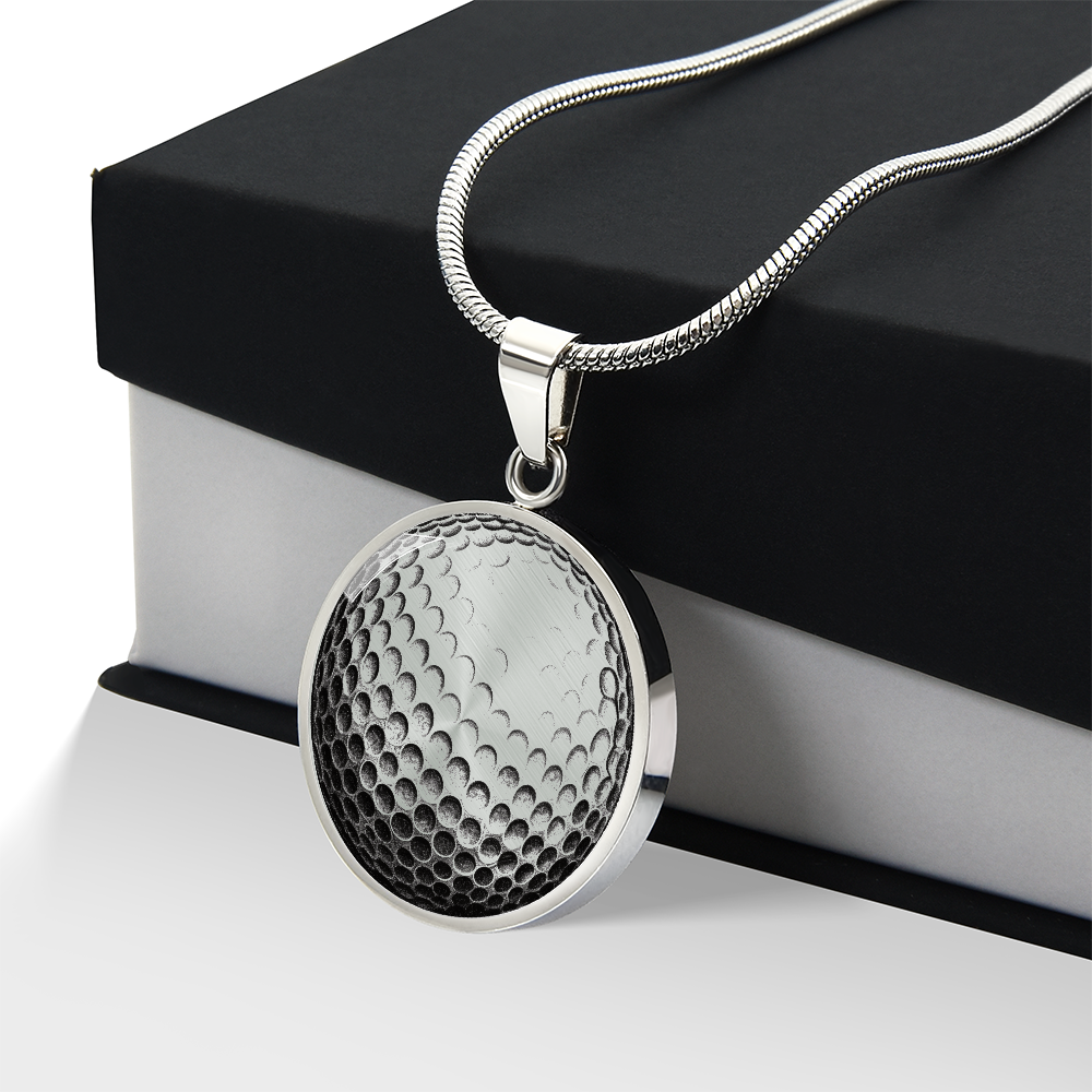 Silver Golf ball necklace featuring golf-inspired artwork on a circular pendant, a thoughtful jewelry gift for golfers.