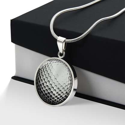 Silver Golf ball necklace featuring golf-inspired artwork on a circular pendant, a thoughtful jewelry gift for golfers.