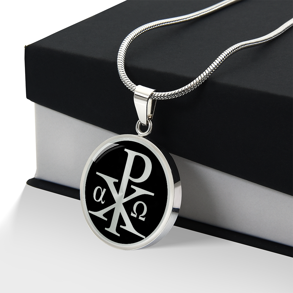 Silver Chi Rho necklace featuring the ancient Christian XP Christogram symbol on a circular pendant.