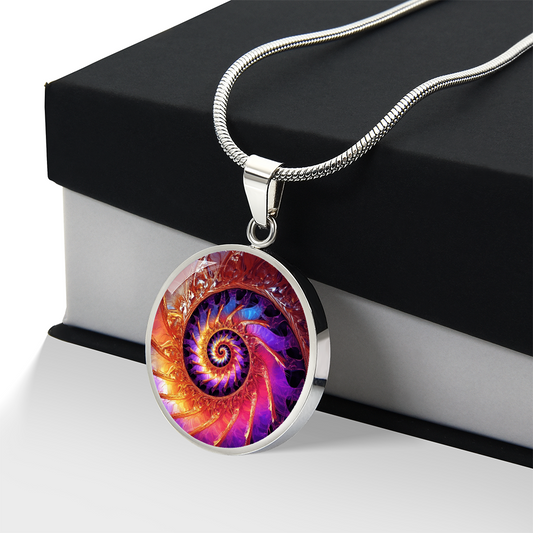 Fibonacci spiral necklace with vivid purple, orange and gold fractal-inspired spiral artwork on a round silver-colored pendant.