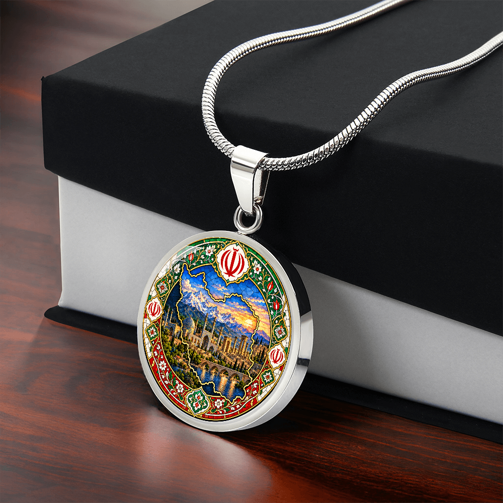 Silver Iran map necklace with colorful Persian mosaic artwork, snow-covered mountains, mosque-inspired architecture and floral border with black and white gift box.
