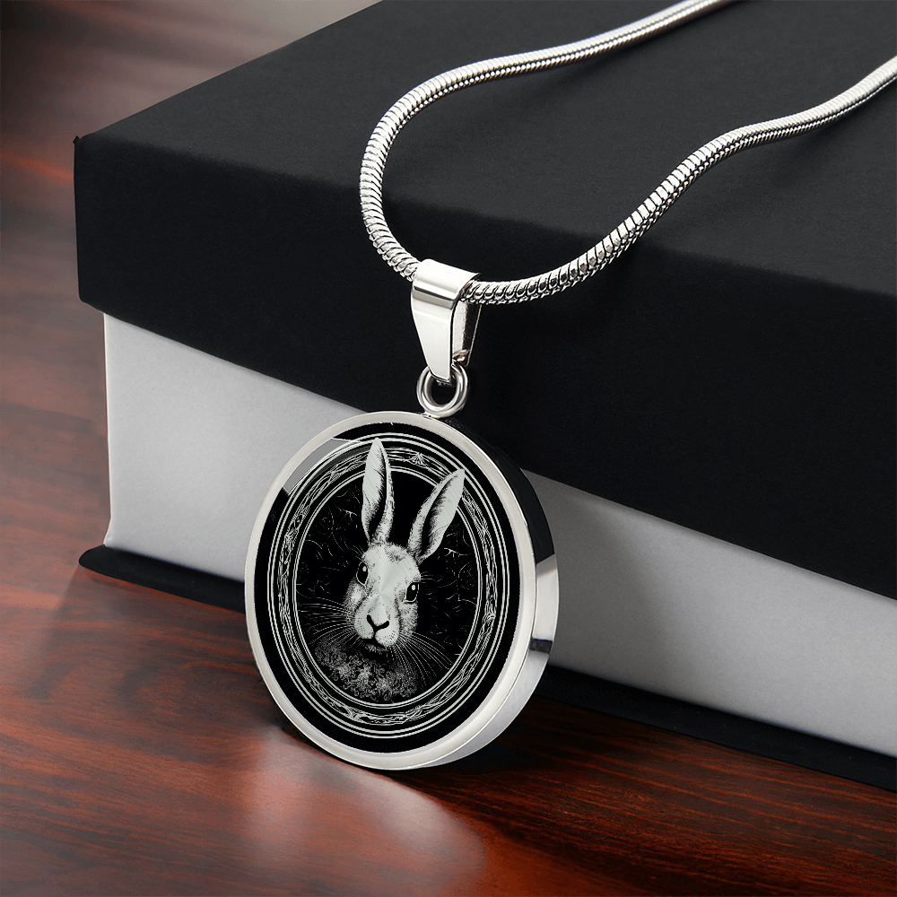 Silver William Morris-inspired rabbit necklace featuring a black-and-white rabbit portrait with long ears and ornate botanical border on a round pendant with gift box.