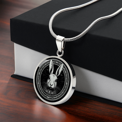 Silver William Morris-inspired rabbit necklace featuring a black-and-white rabbit portrait with long ears and ornate botanical border on a round pendant with gift box.