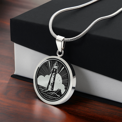 Lighthouse necklace featuring nautical lighthouse artwork on a circular pendant, a meaningful coastal jewelry gift with gif box