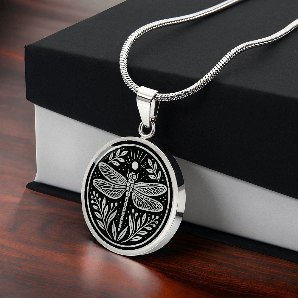 Dragonfly Necklace – Linocut Botanical Wildlife Pendant