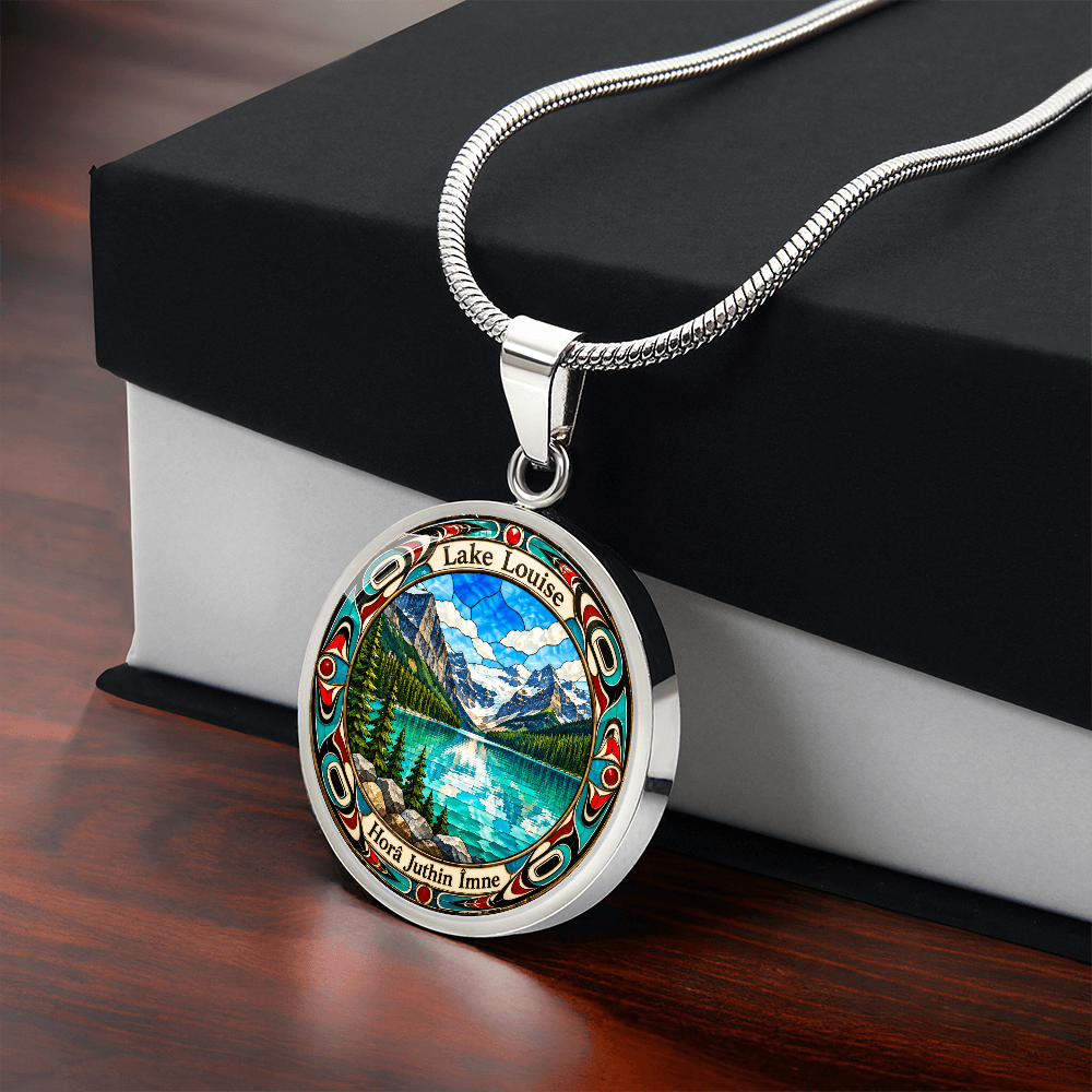 Silver Lake Louise Alberta necklace featuring turquoise glacial lake, snow-covered Canadian Rockies, evergreen forest and colorful stained-glass border with gift box mockup.