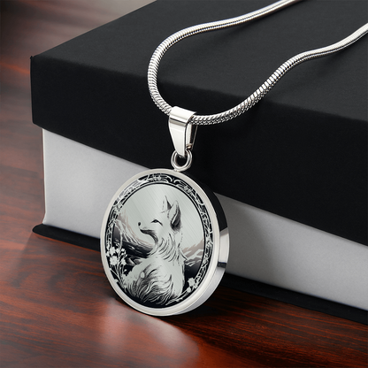 Monochrome Fox Necklace – Mountain & Floral Pendant