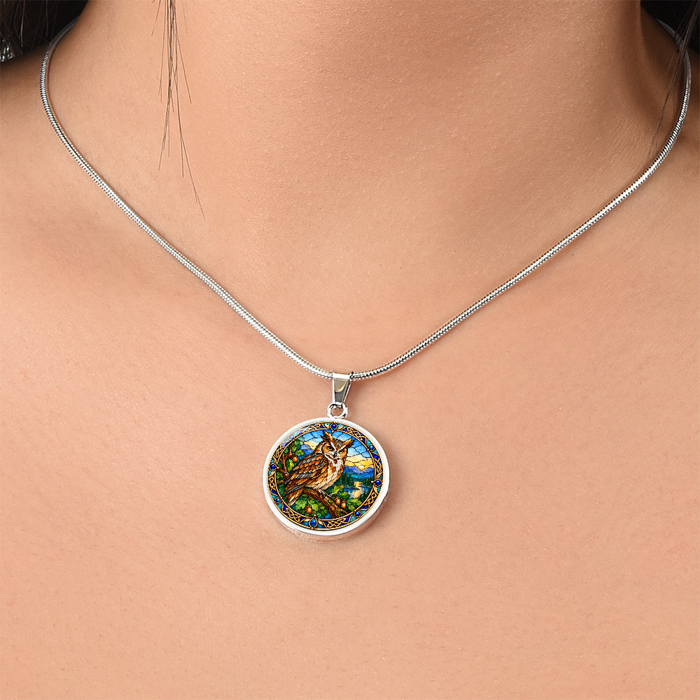 Owl jewelry pendant necklace worn around the neck