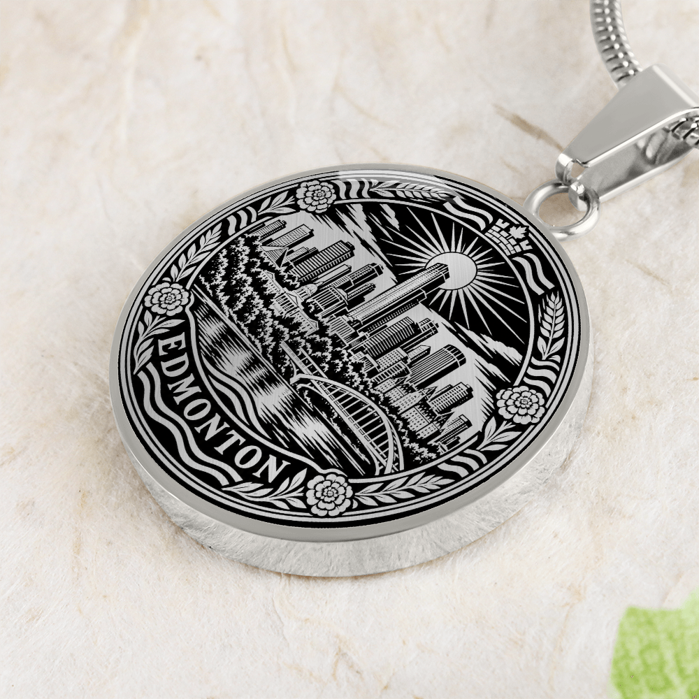 Close up of a Silver Edmonton skyline necklace featuring downtown buildings, North Saskatchewan River bridge, radiant sun and floral border