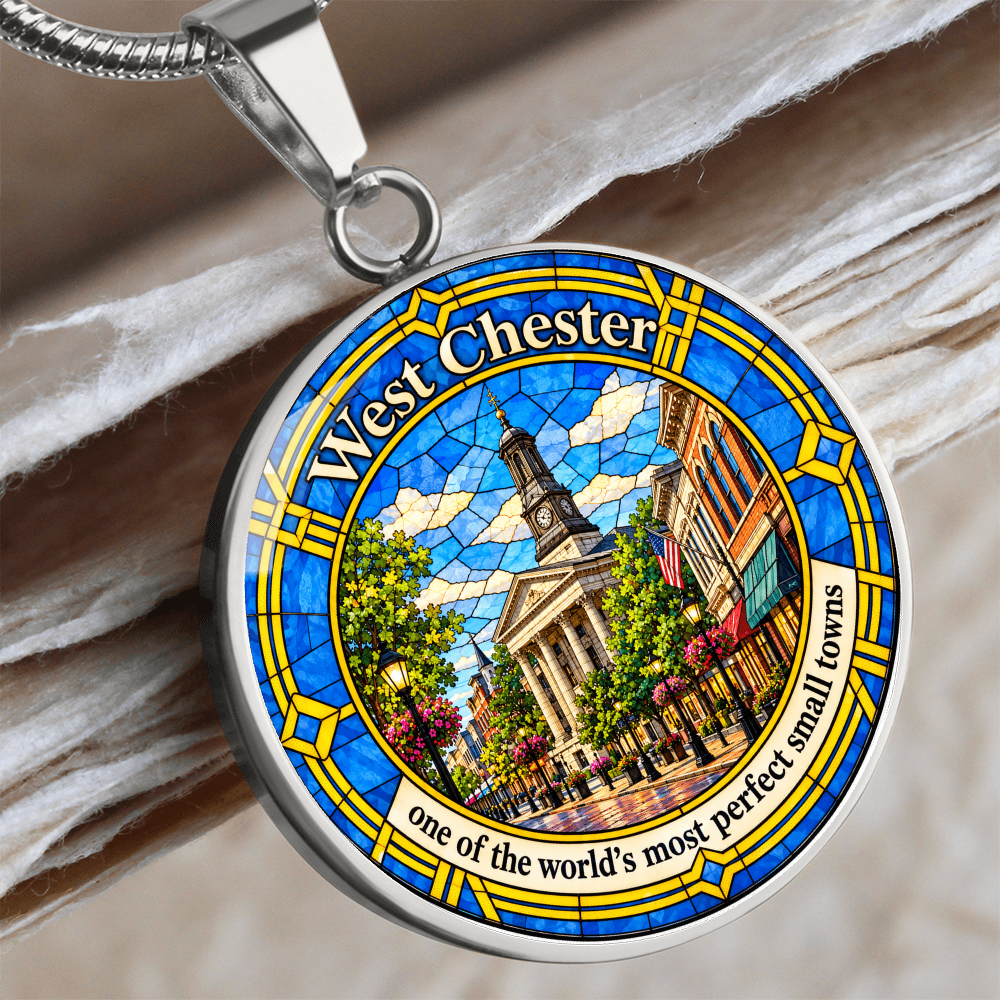 Silver West Chester Pennsylvania necklace with blue and gold stained-glass artwork, Chester County Courthouse clock tower and historic downtown buildings