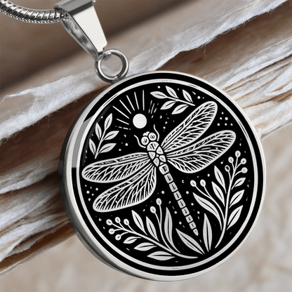 Dragonfly Necklace – Linocut Botanical Wildlife Pendant