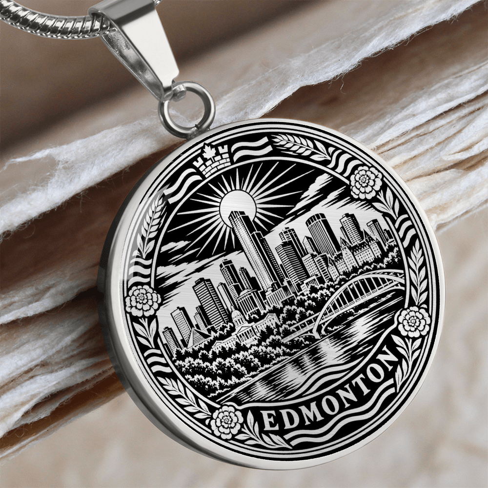 Silver Edmonton skyline necklace featuring downtown buildings, North Saskatchewan River bridge, radiant sun and floral border